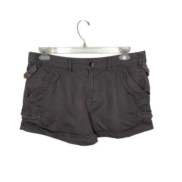 Vintage 90s Free People Gray Linen Cotton Cargo Shorts Size 12 Wire Flap Pockets - Picture 1 of 9